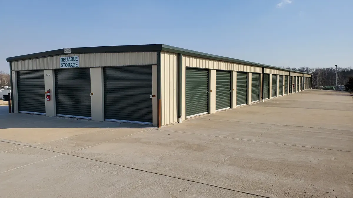 Drive up units at night at Reliable Storage